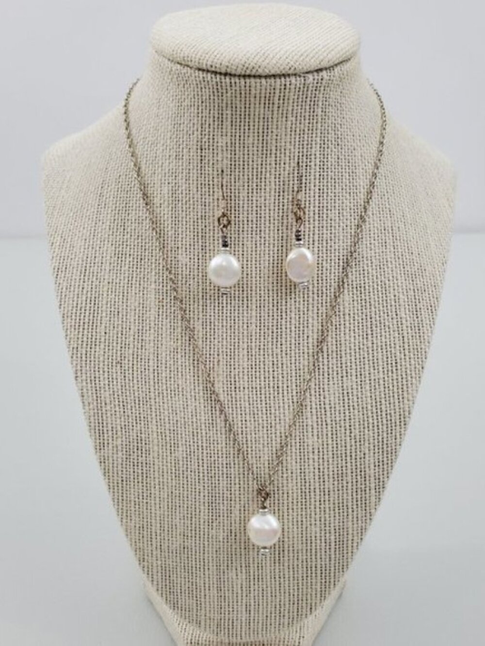 Pearl Necklace Earrings Set Silver‎ Tone White Dang